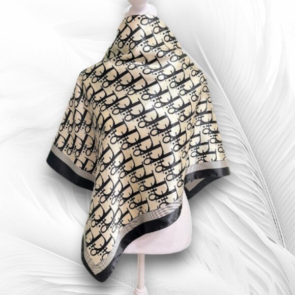 Black & Cream Geometric Satin Scarf Elegant Lightweight Shawl - Picture 2 of 5